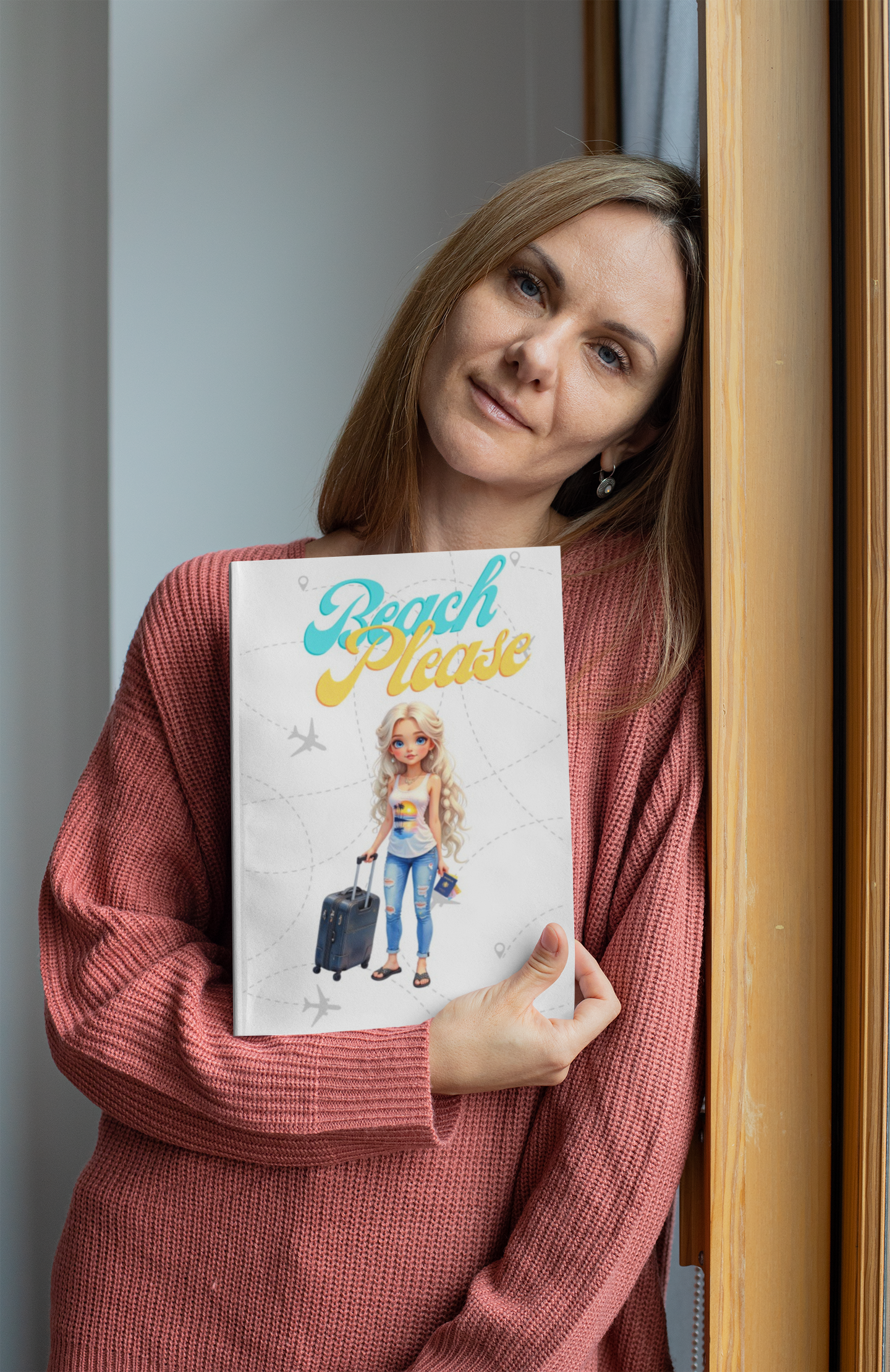 Woman holding the Beach Please Travel Journal paperback, showing the cover design