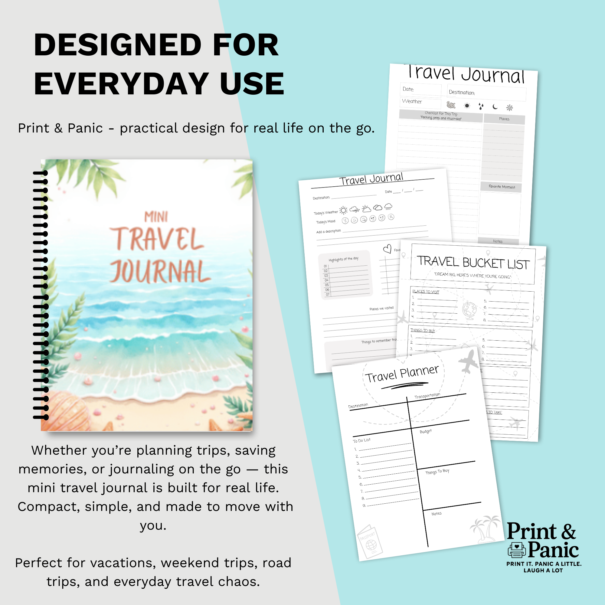 Mini travel journal spiral notebook with interior pages and everyday travel planning layout