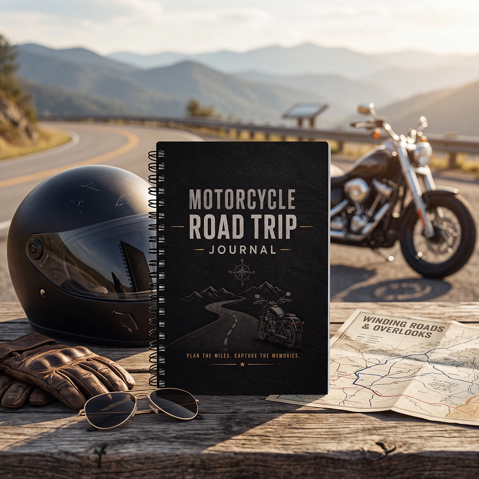 Thumbnail: Motorcycle Road Trip Journal at scenic overlook with helmet, motorcycle, and mountain road
