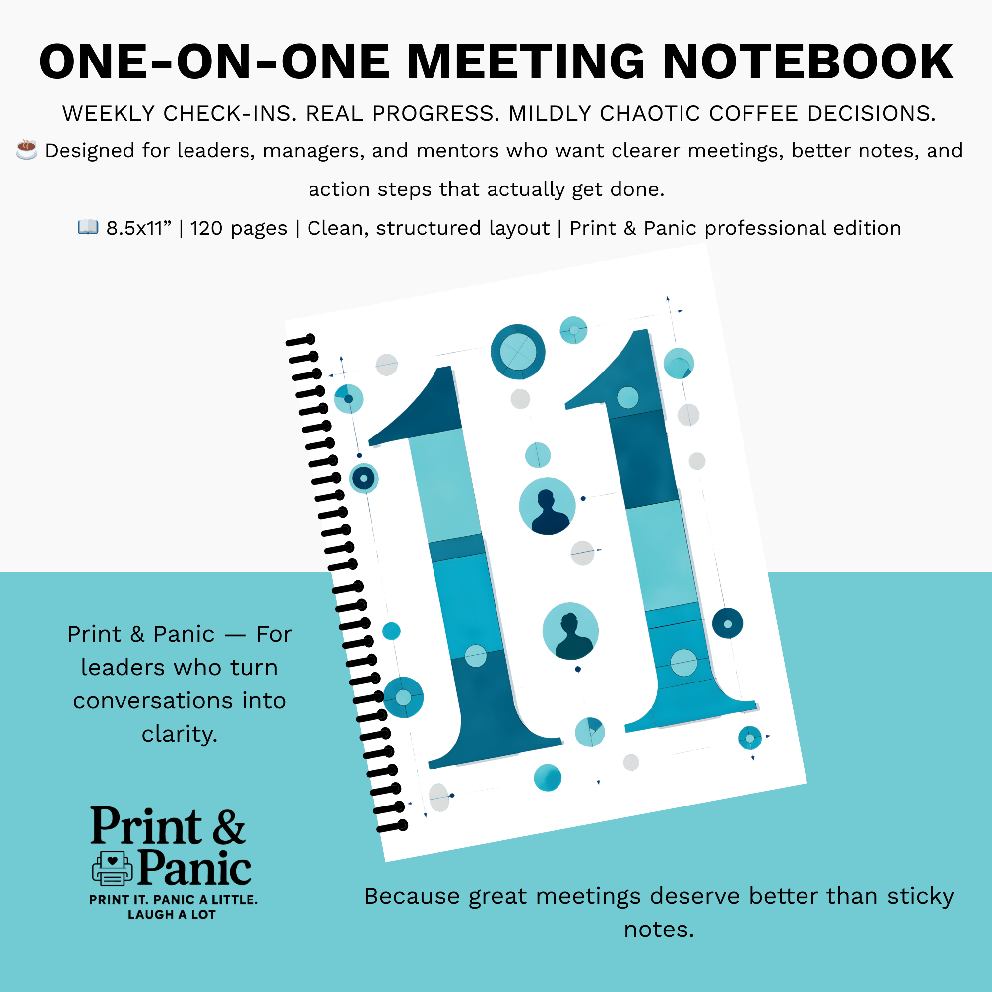 One-on-one meeting notebook teal cover with weekly check-in planner overview
