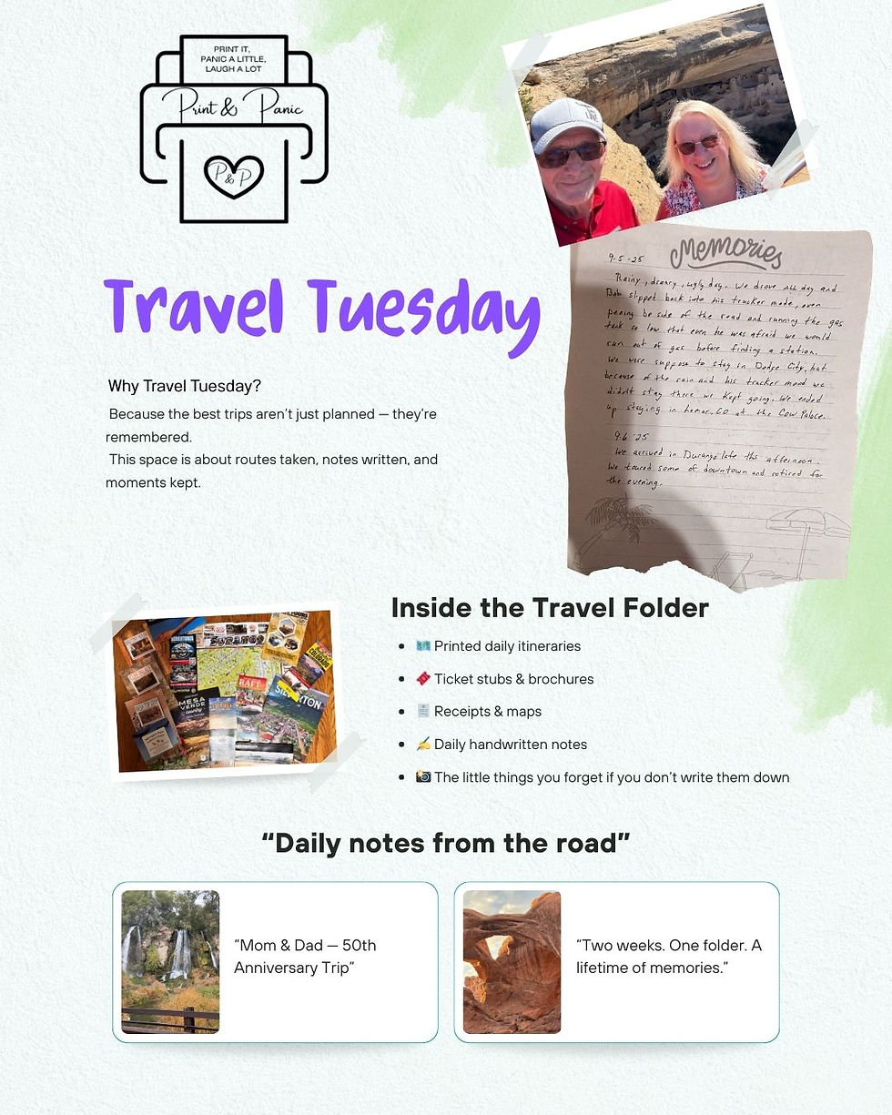 Travel Tuesday blog graphic featuring a scrapbook-style layout with a couple on a road trip, a handwritten travel journal page titled “Memories,” a photo of a travel folder filled with itineraries, maps, and ticket stubs, and text explaining the importance of documenting travel routes and daily notes.