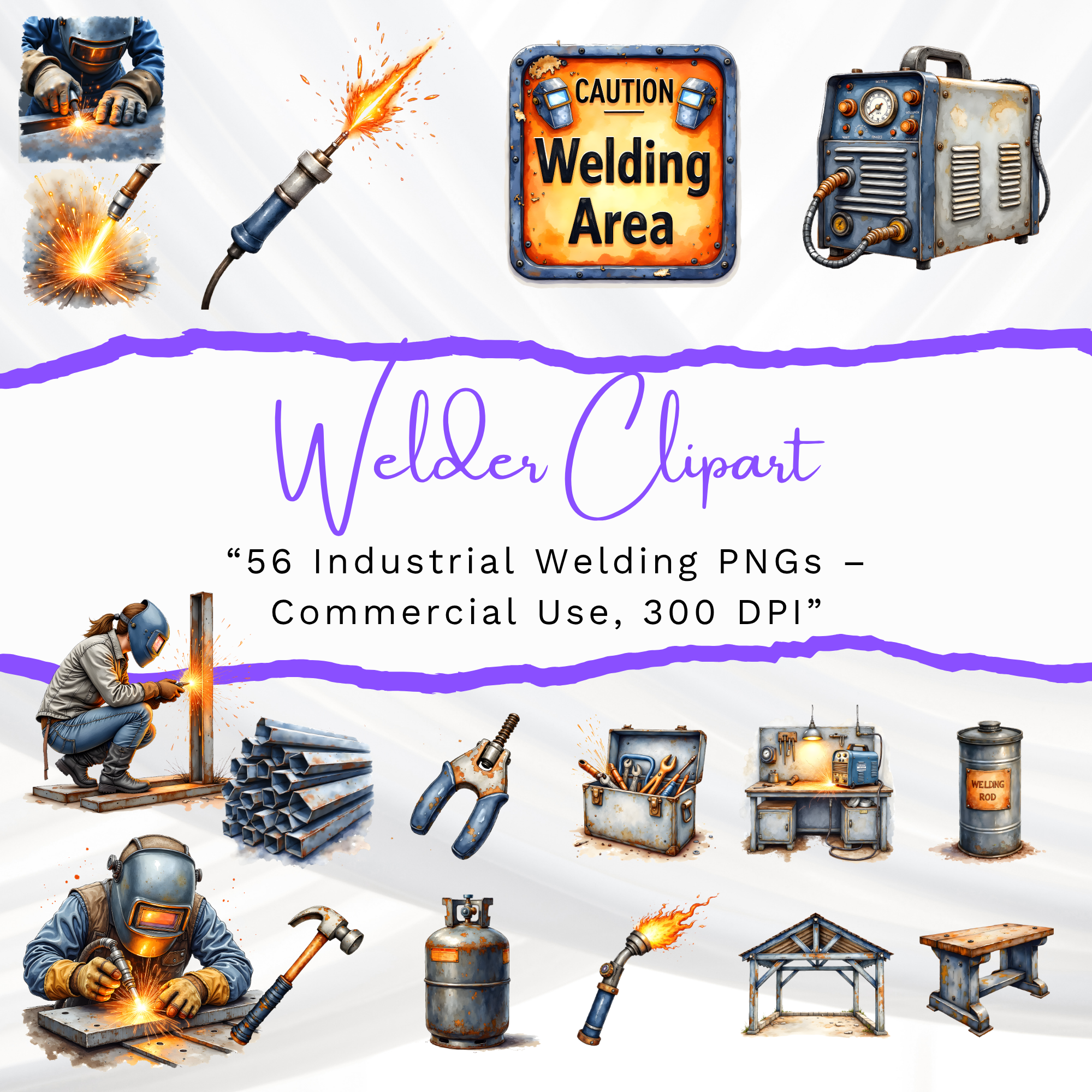 Welder clipart PNG bundle preview with tools, sparks, and welding graphics