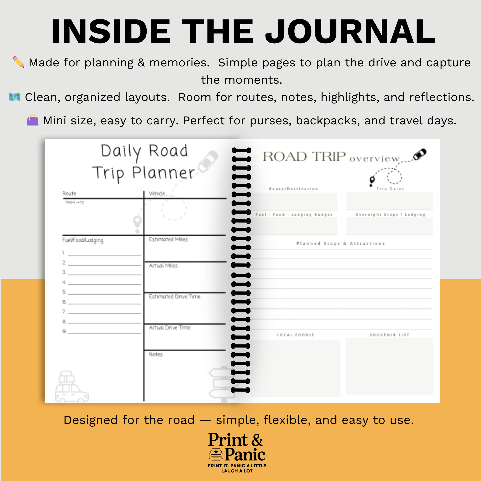 Open mini road trip journal showing daily road trip planner and overview pages