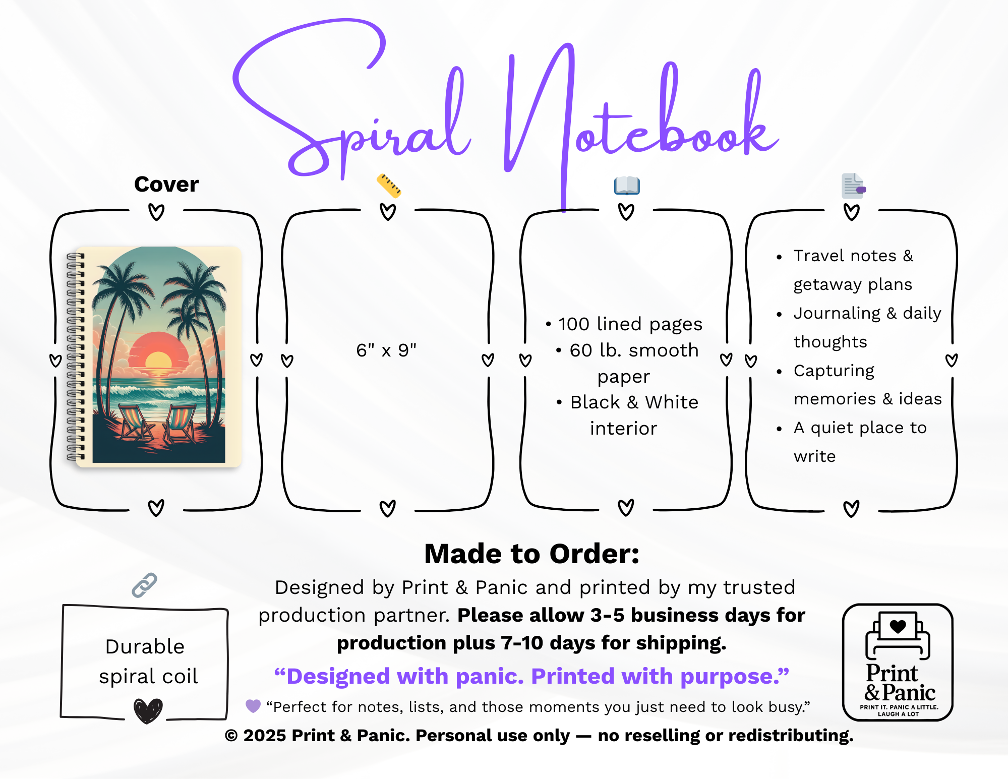 Spiral notebook layout mockup showing Sunset Escape cover and interior page format