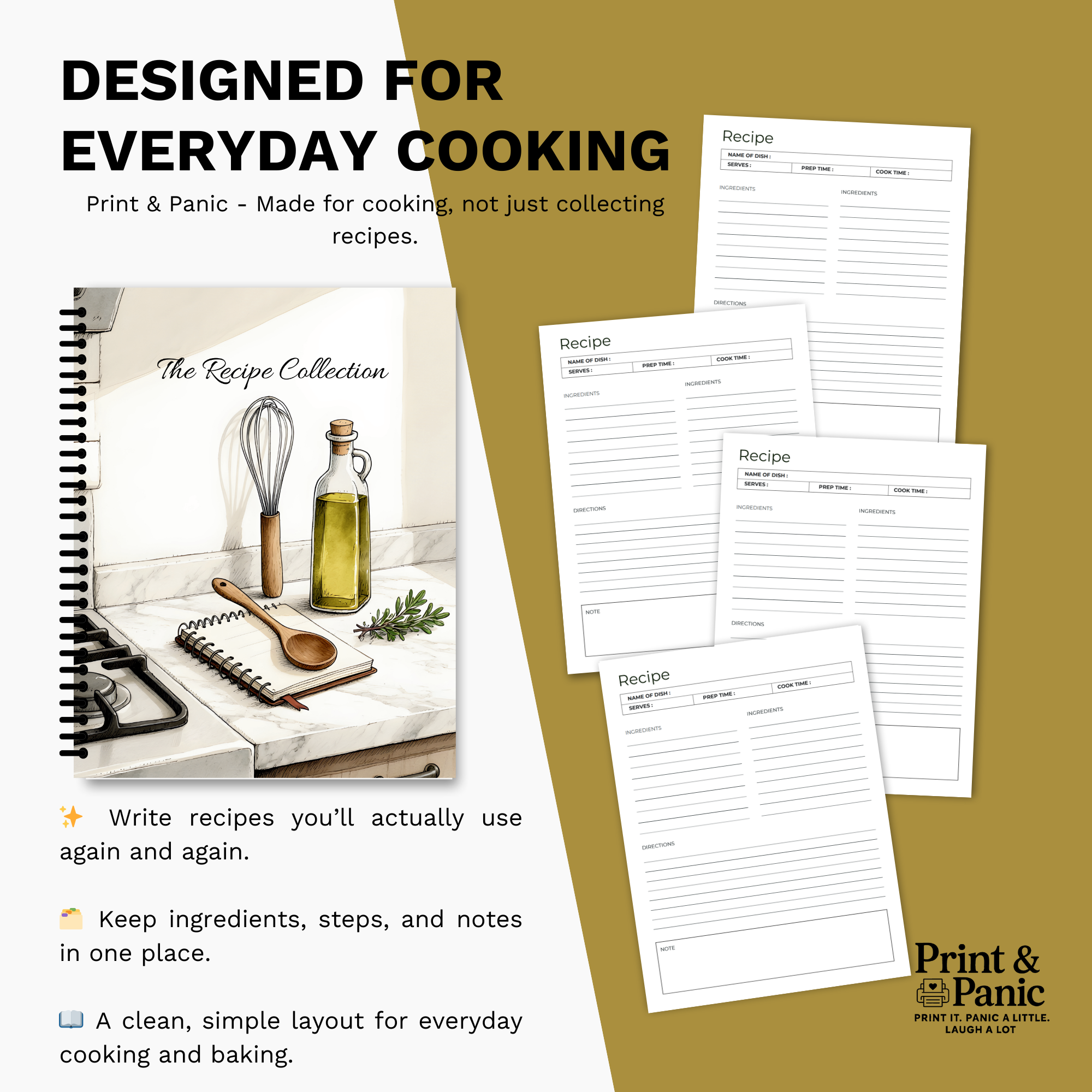 Recipe Collection spiral notebook designed for everyday cooking with interior page previews