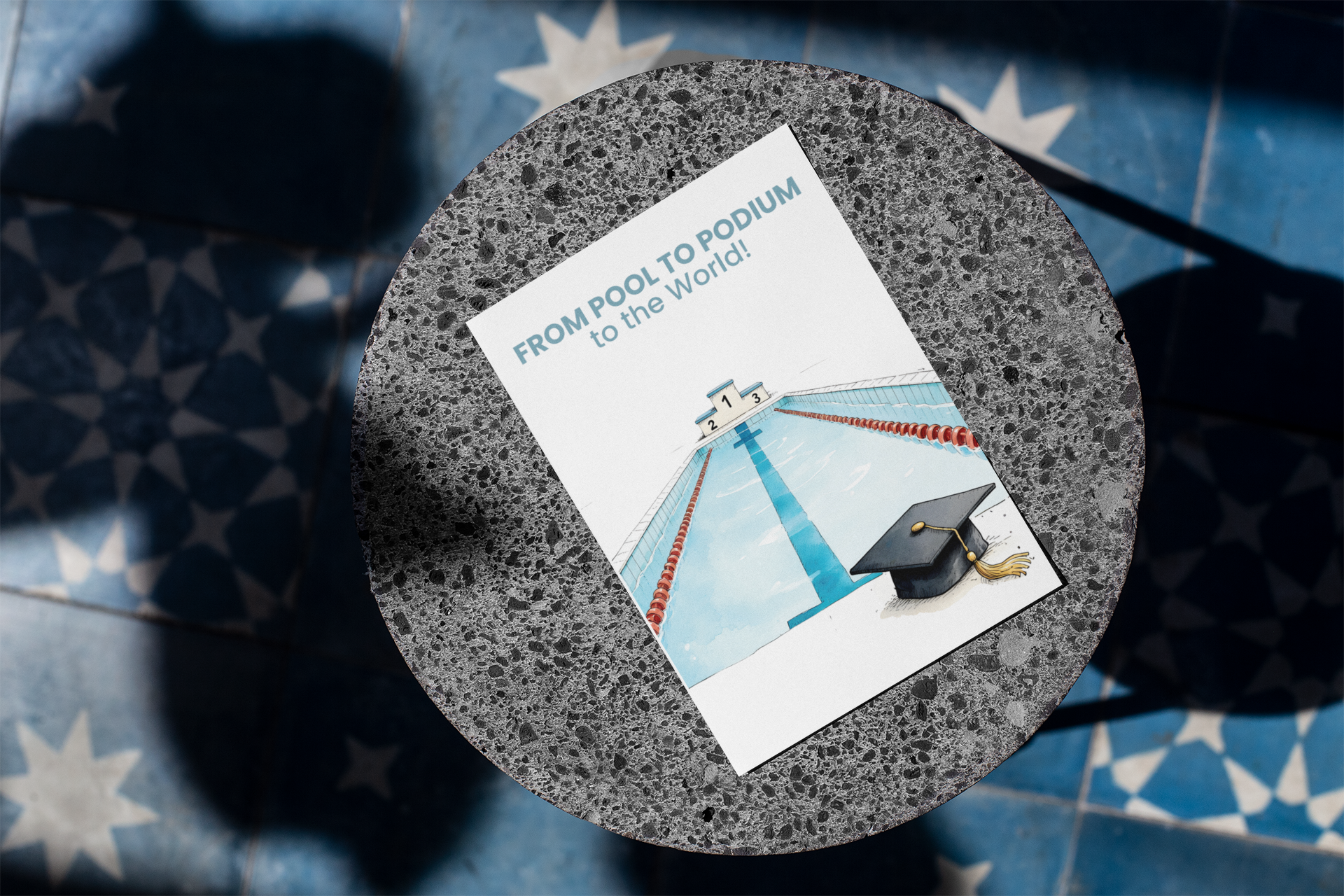 Swimmer graduation card mockup on textured background with pool lane illustration