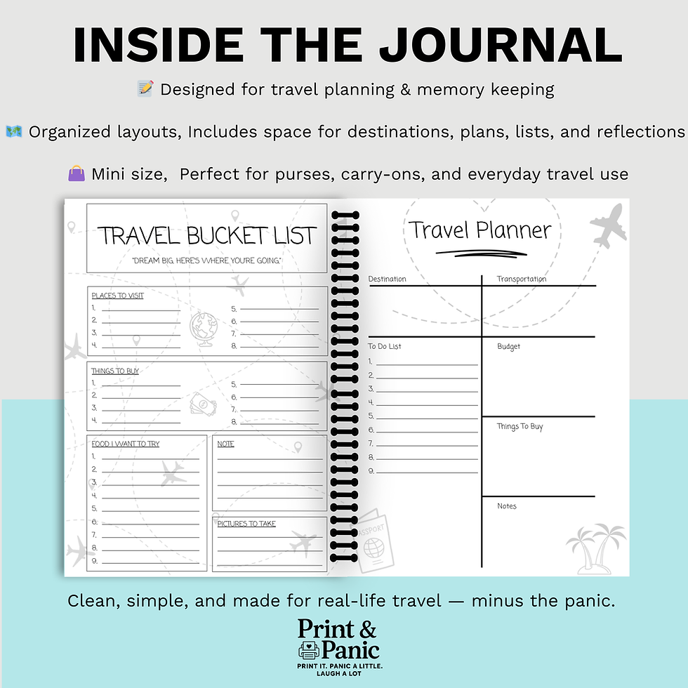 Thumbnail: Mini travel journal interior pages showing travel planner, bucket list, and planning layouts