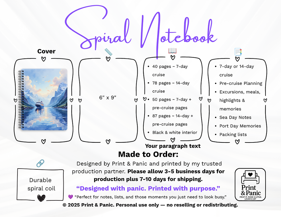 Thumbnail: Spiral notebook details sheet showing Glacier Bay cruise journal size, pages, and production information
