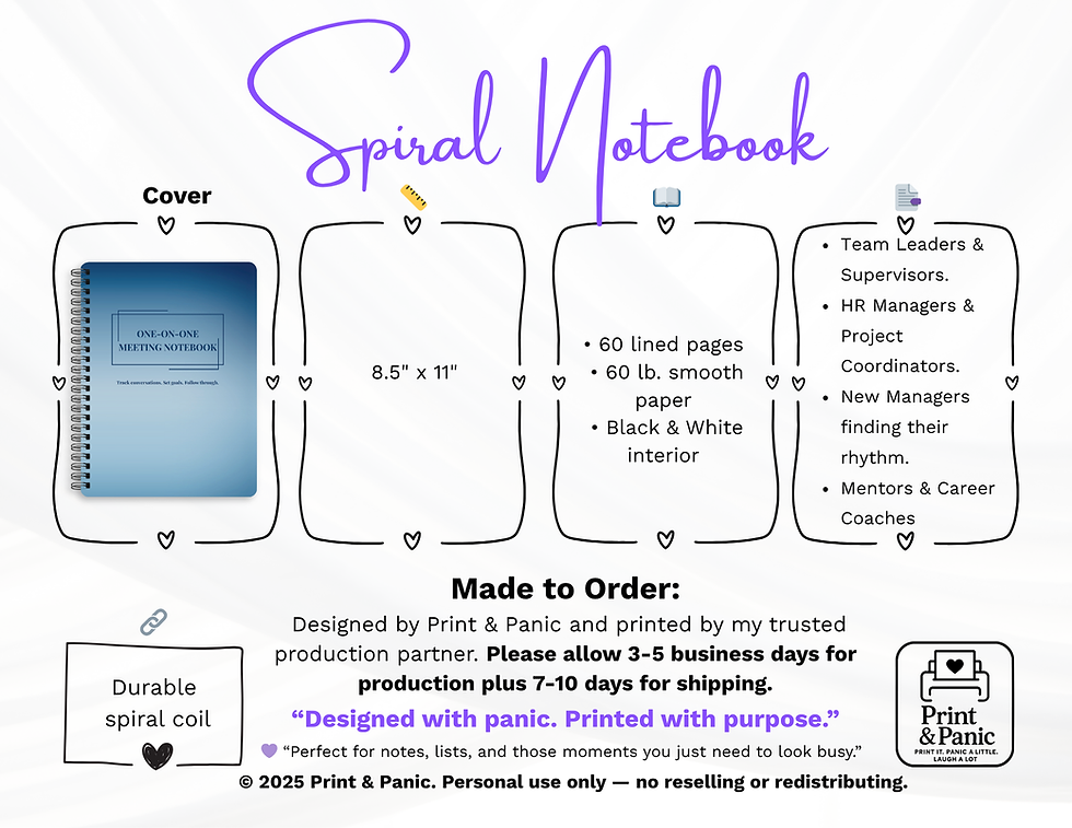 Thumbnail: Spiral notebook mockup process graphic showing the blue one-on-one meeting notebook cover and design layout