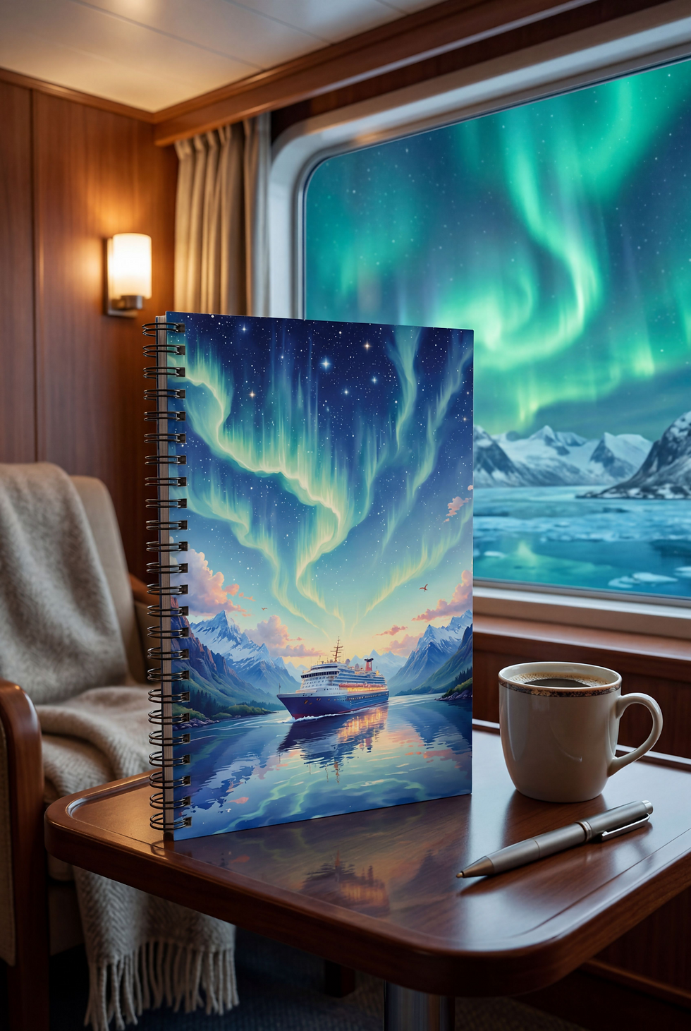 Thumbnail: Northern Lights Cruise Journal standing on a table in a cruise cabin with a large window view and coffee mug nearby.