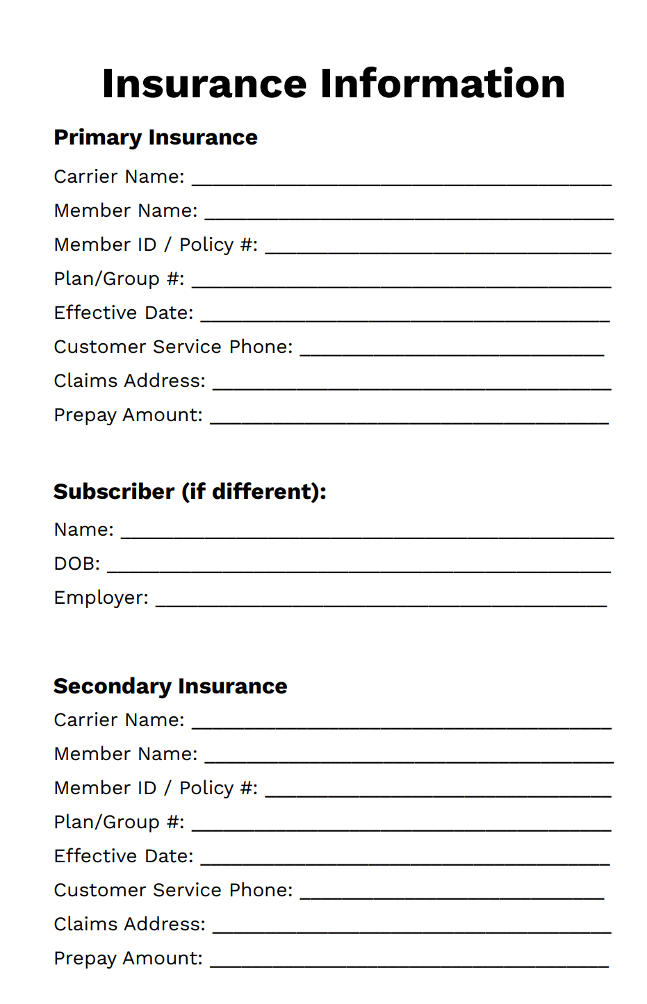 Medical Care Organizer medical information page with sections for insurance, providers, and notes