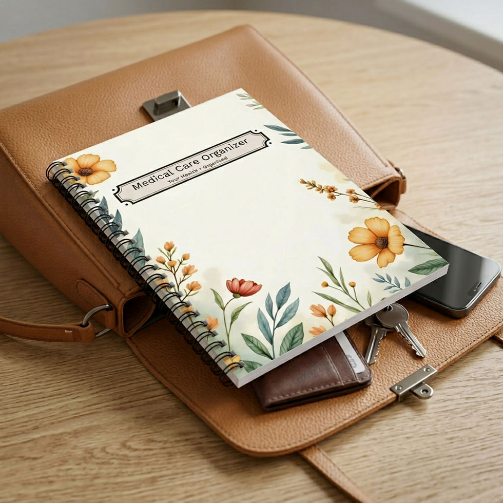 Floral medical care organizer notebook on a wooden desk with planner pages and soft neutral styling