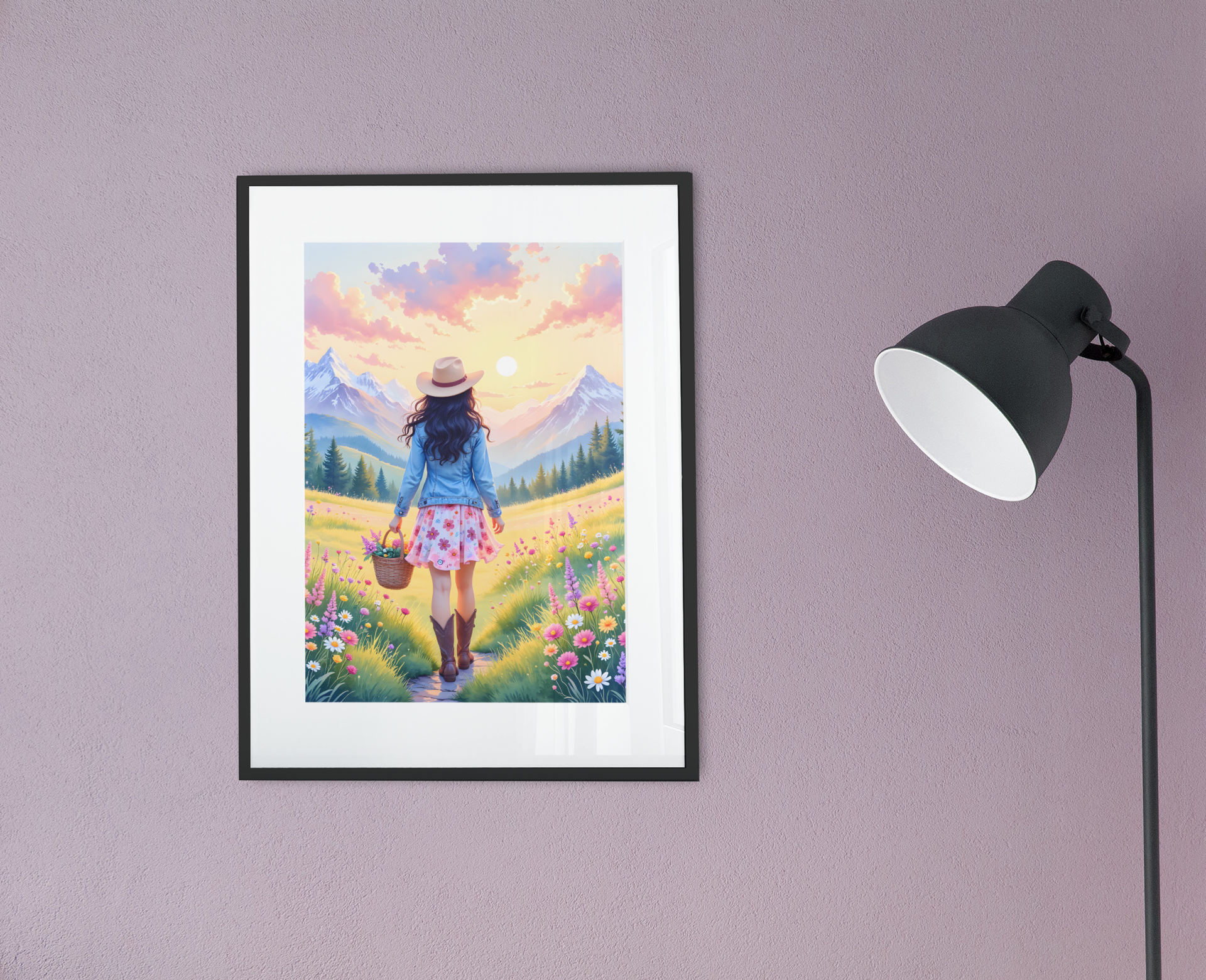Framed spring cowgirl wall art with black hair next to floor lamp, boho western home decor