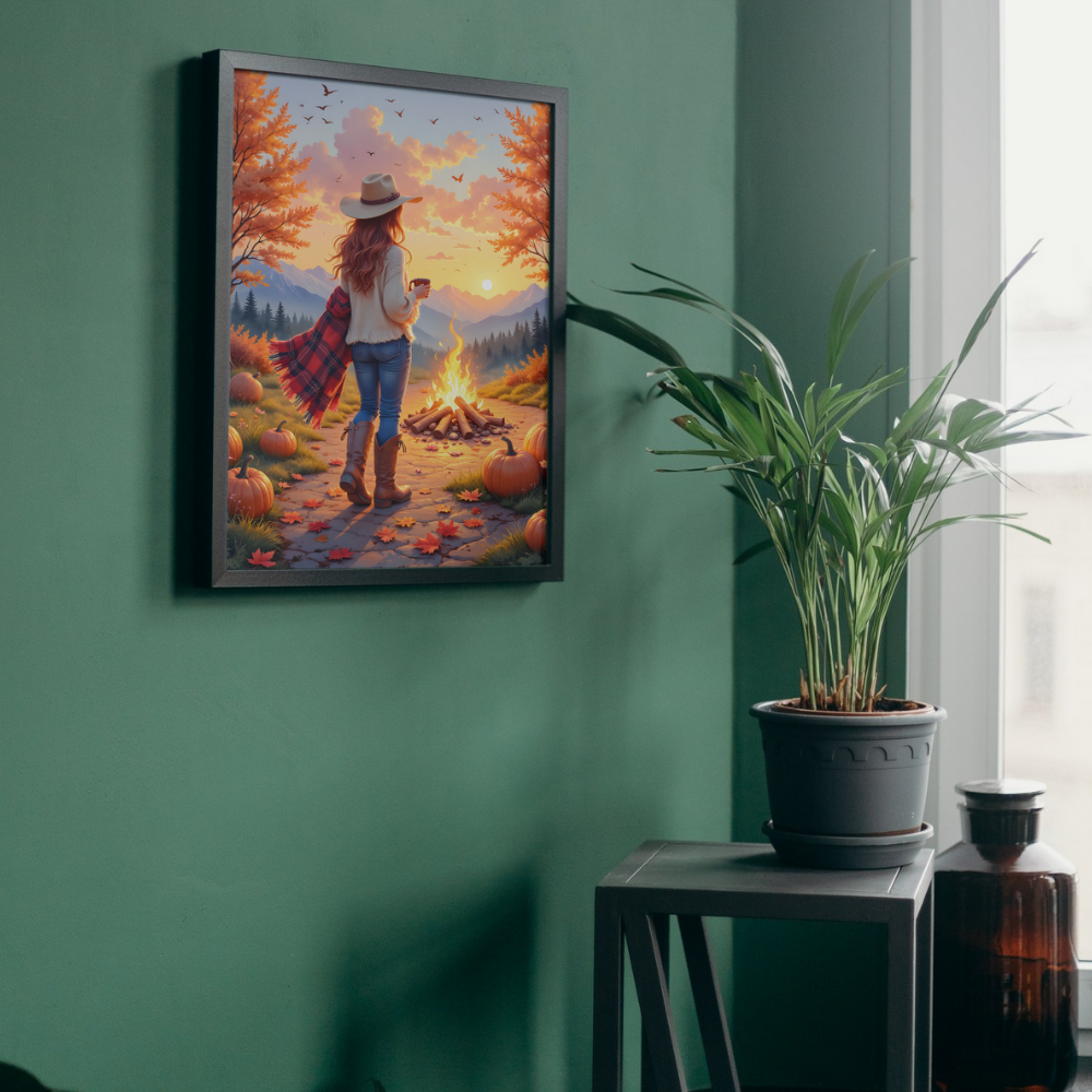 Auburn fall cowgirl wall art hanging on a green wall with plant decor in a cozy boho interior