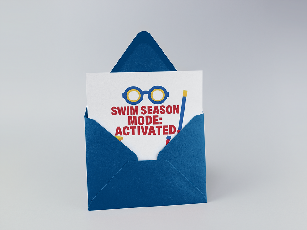 Thumbnail: Printable swim team encouragement card with blue envelope and Swim Season Mode Activated design