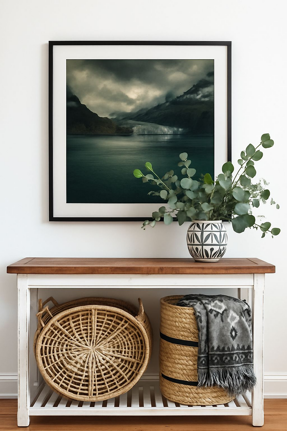 Thumbnail: Glacier Brood dark landscape wall art displayed on a shelf with plants and home decor