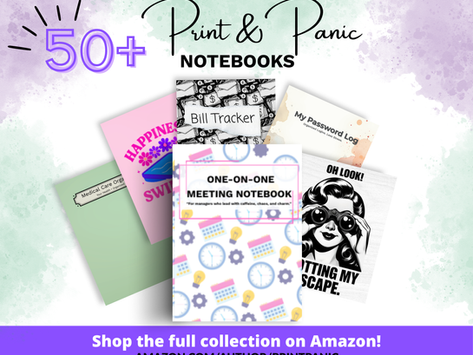 50+ Print & Panic notebooks milestone graphic featuring paperback notebook covers for work, health, swimming, bills, passwords, and everyday organization.