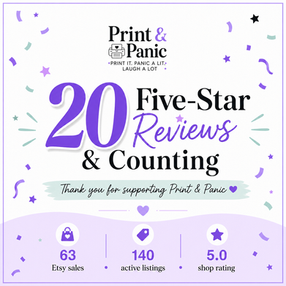 Purple and mint Print & Panic celebration graphic that says 20 Five-Star Reviews & Counting, with Etsy shop stats showing 63 sales, 140 active listings, and a 5.0 shop rating.