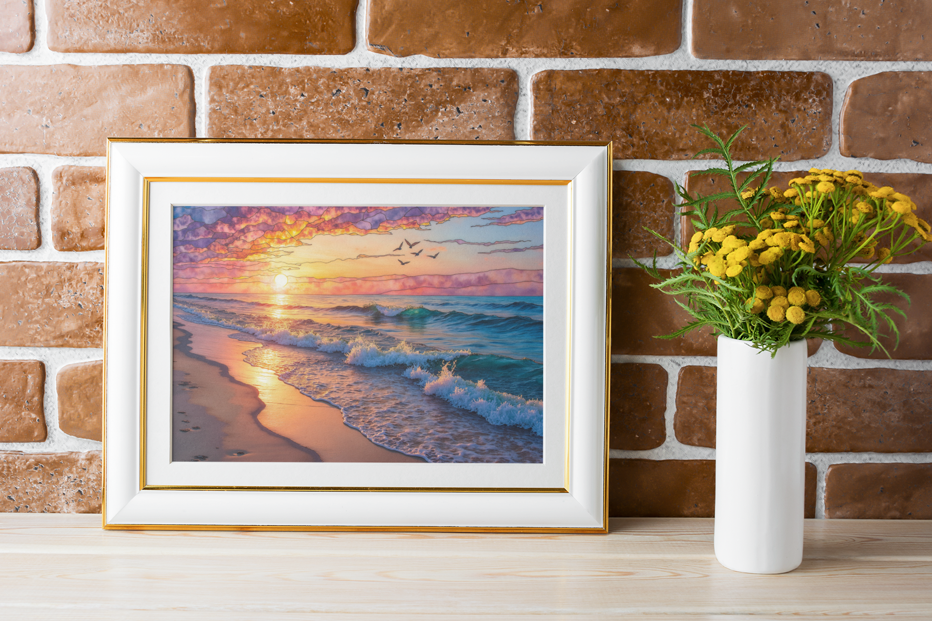 Sunset beach print framed on brick wall shelf with greenery and books