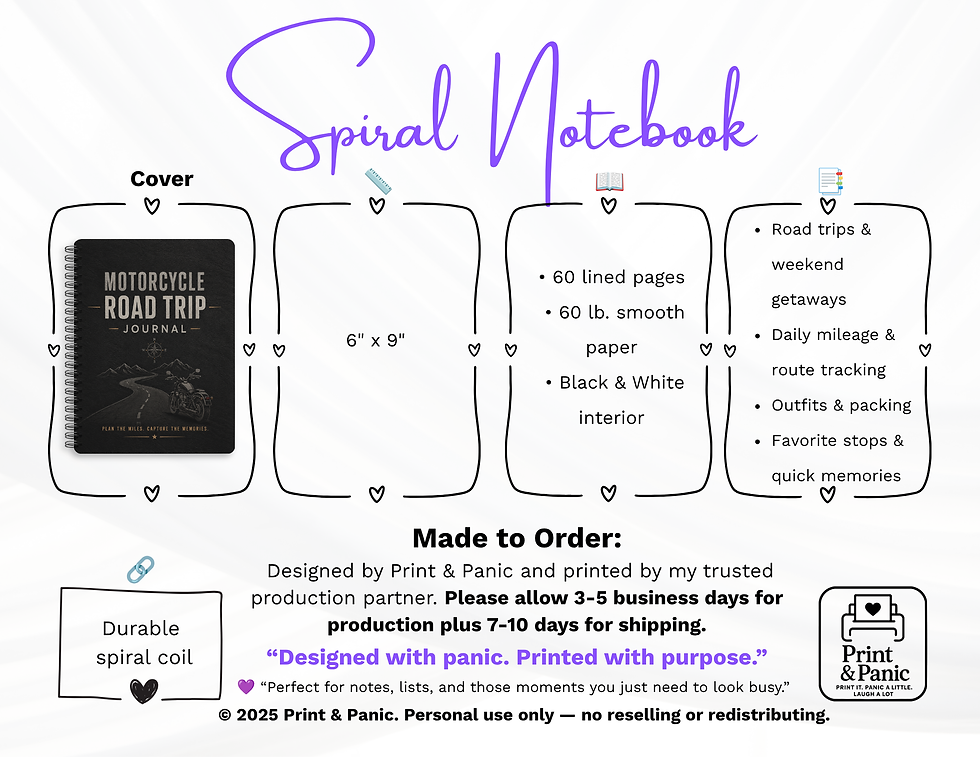 Thumbnail: Motorcycle Road Trip Journal spiral notebook product details and made to order information