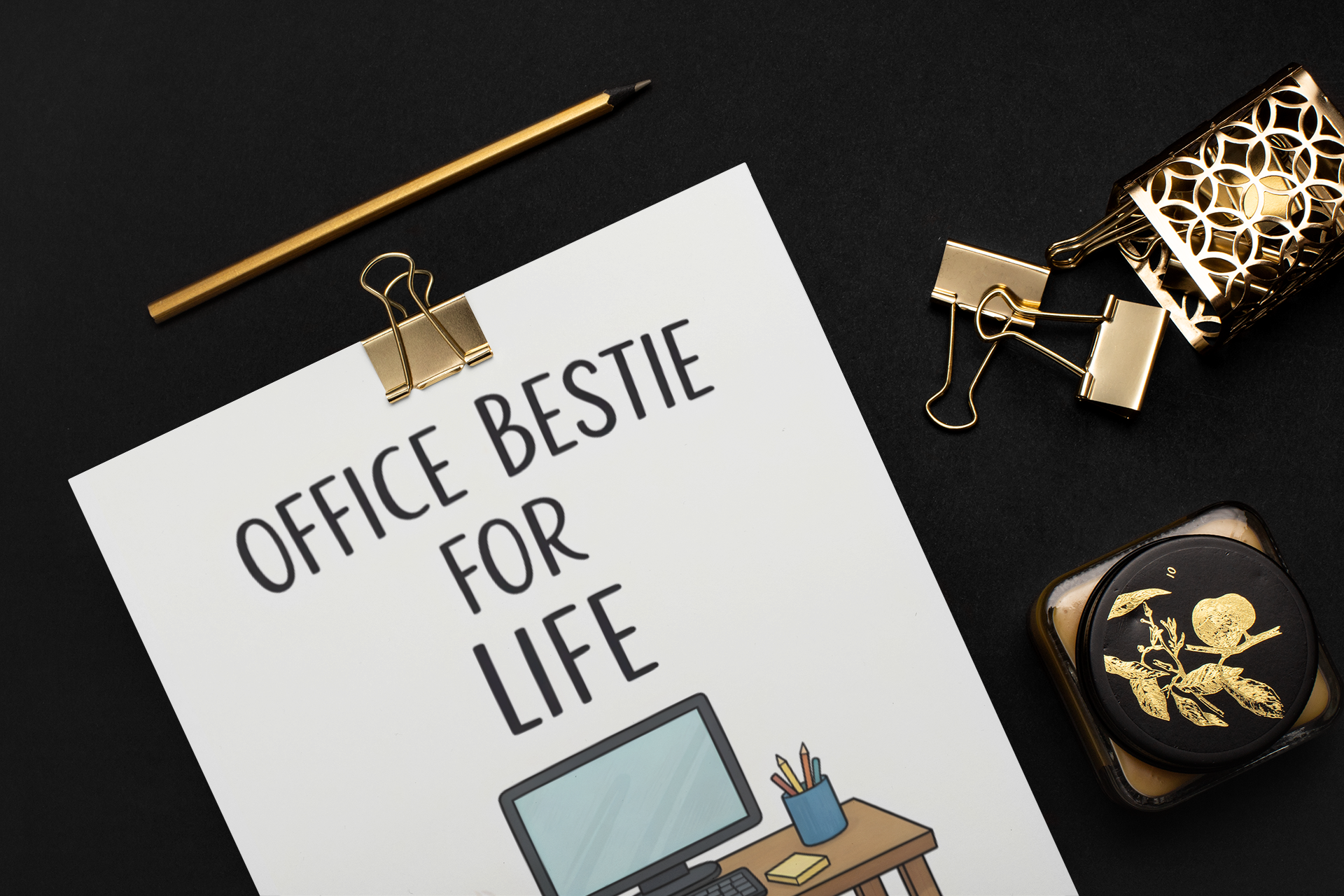 Office Bestie for Life printable greeting card styled on dark desk with gold office accessories