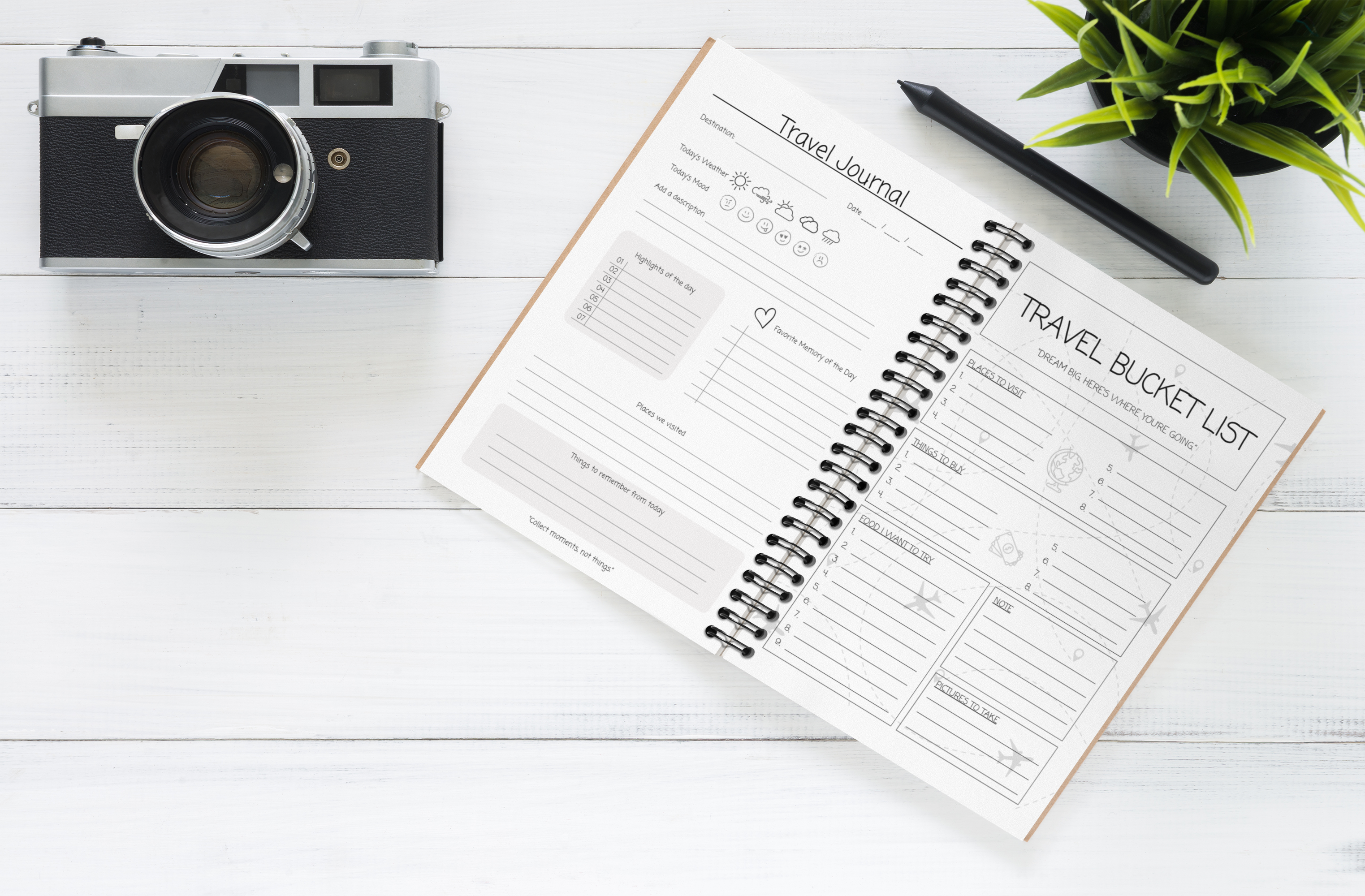 Mini travel journal spiral notebook on desk with camera and travel planning setup