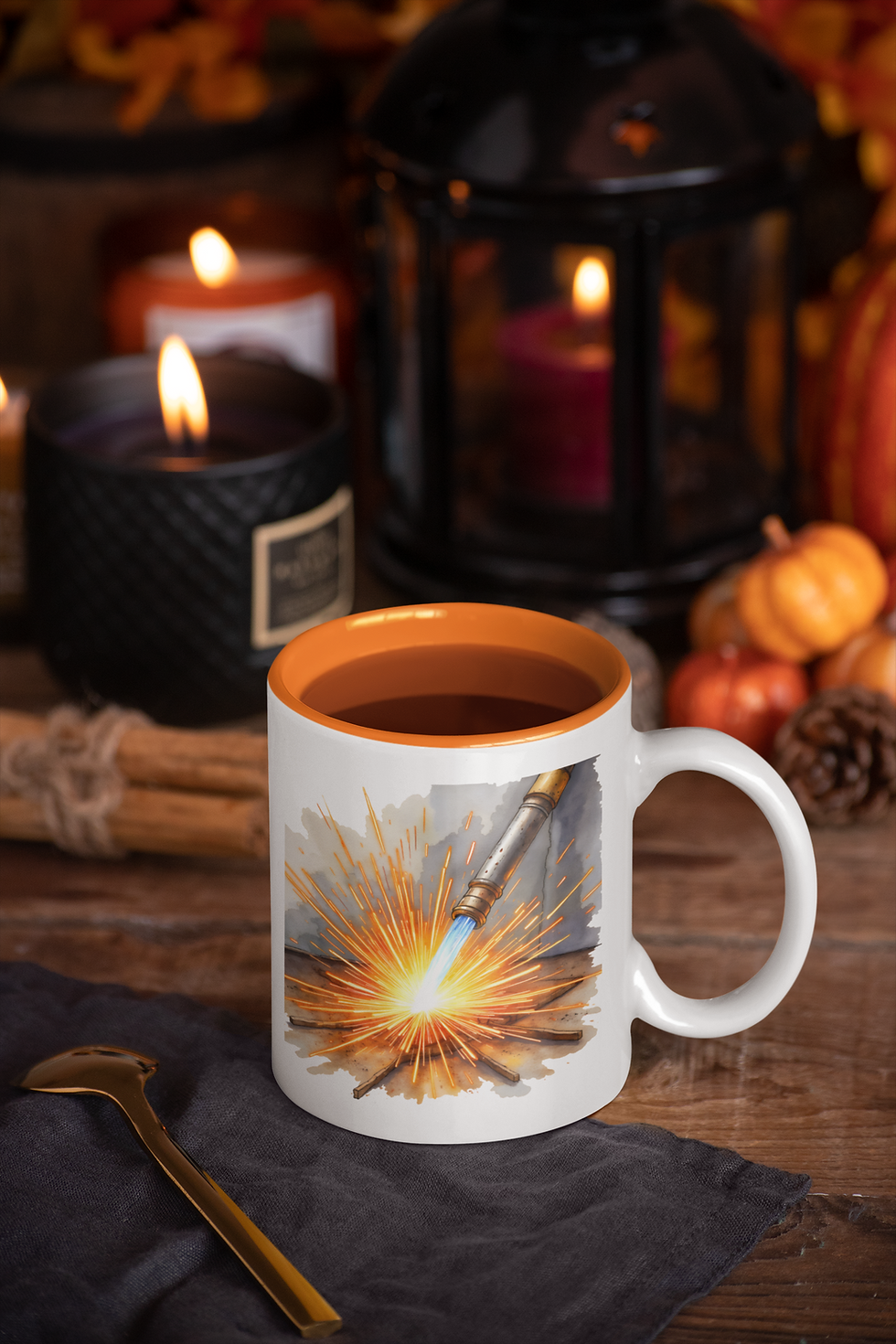 Thumbnail: Welding sparks clipart on coffee mug mockup with warm background