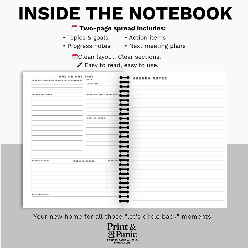 Thumbnail: Inside pages of the One-on-One Meeting Notebook showing two-page layout for goals, notes, and action items.