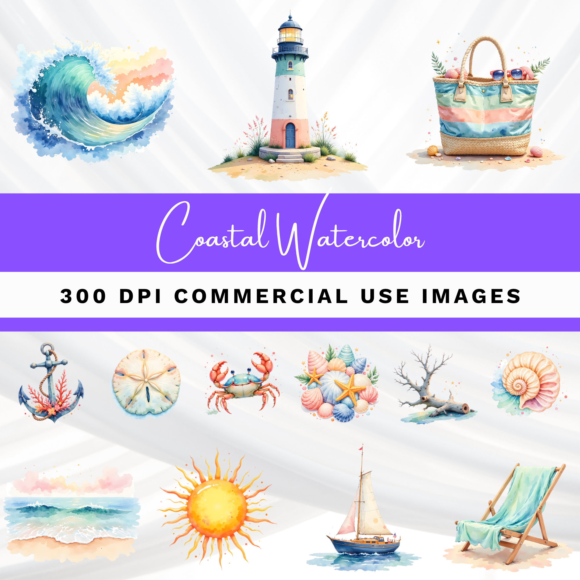 Coastal Watercolor images with a lighthouse, crab, and beach bag; 300 DPI images.