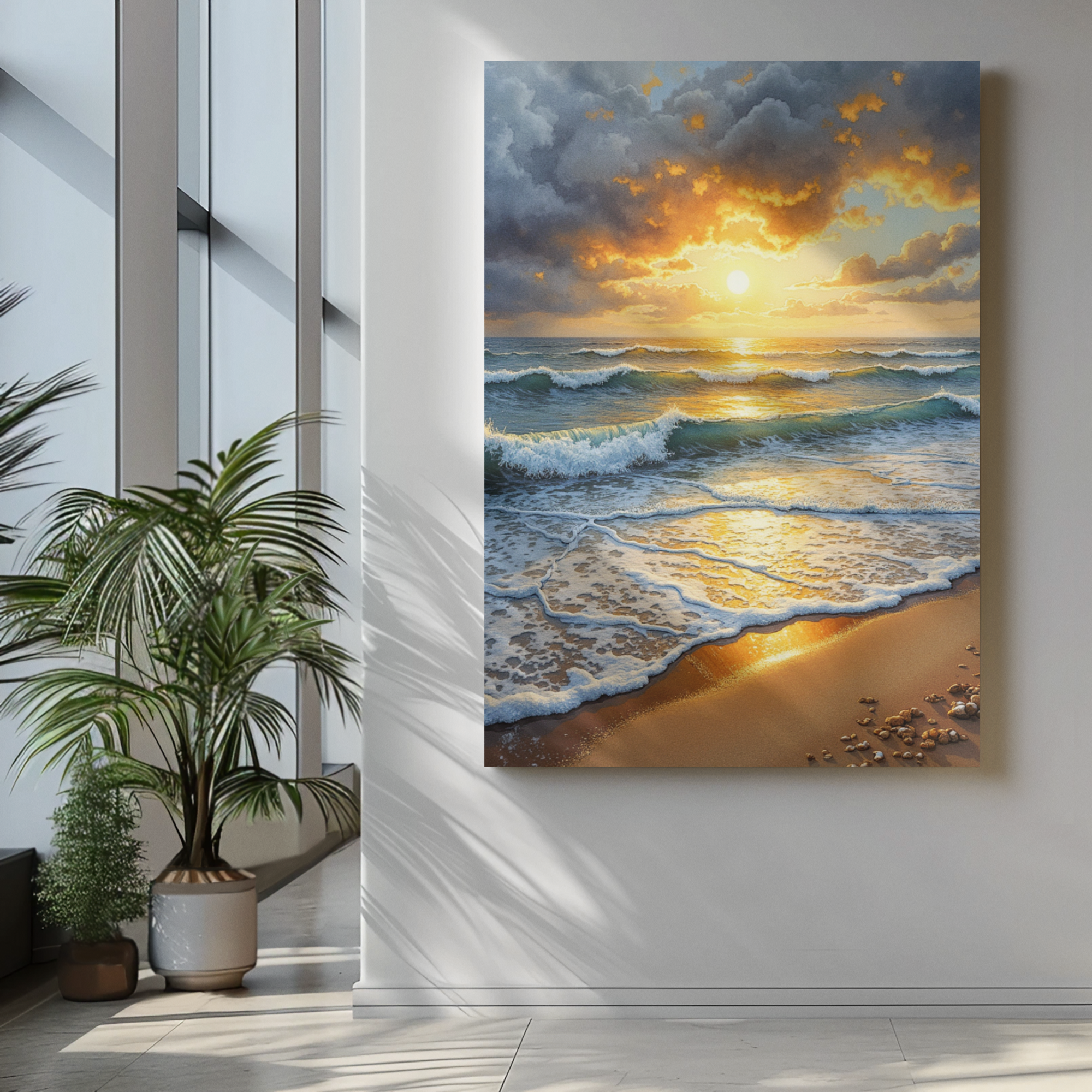 Coastal sunrise wall art in a modern living room with plants, glowing sky over ocean and shoreline.