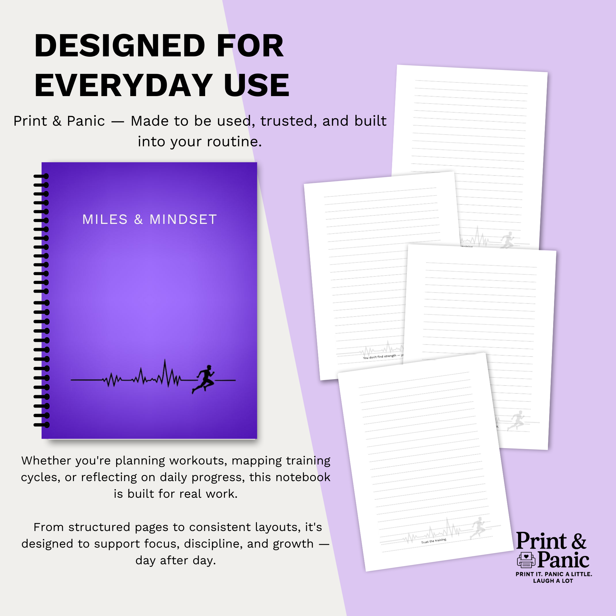 Miles & Mindset runner notebook product layout showing spiral cover and interior pages for daily training use