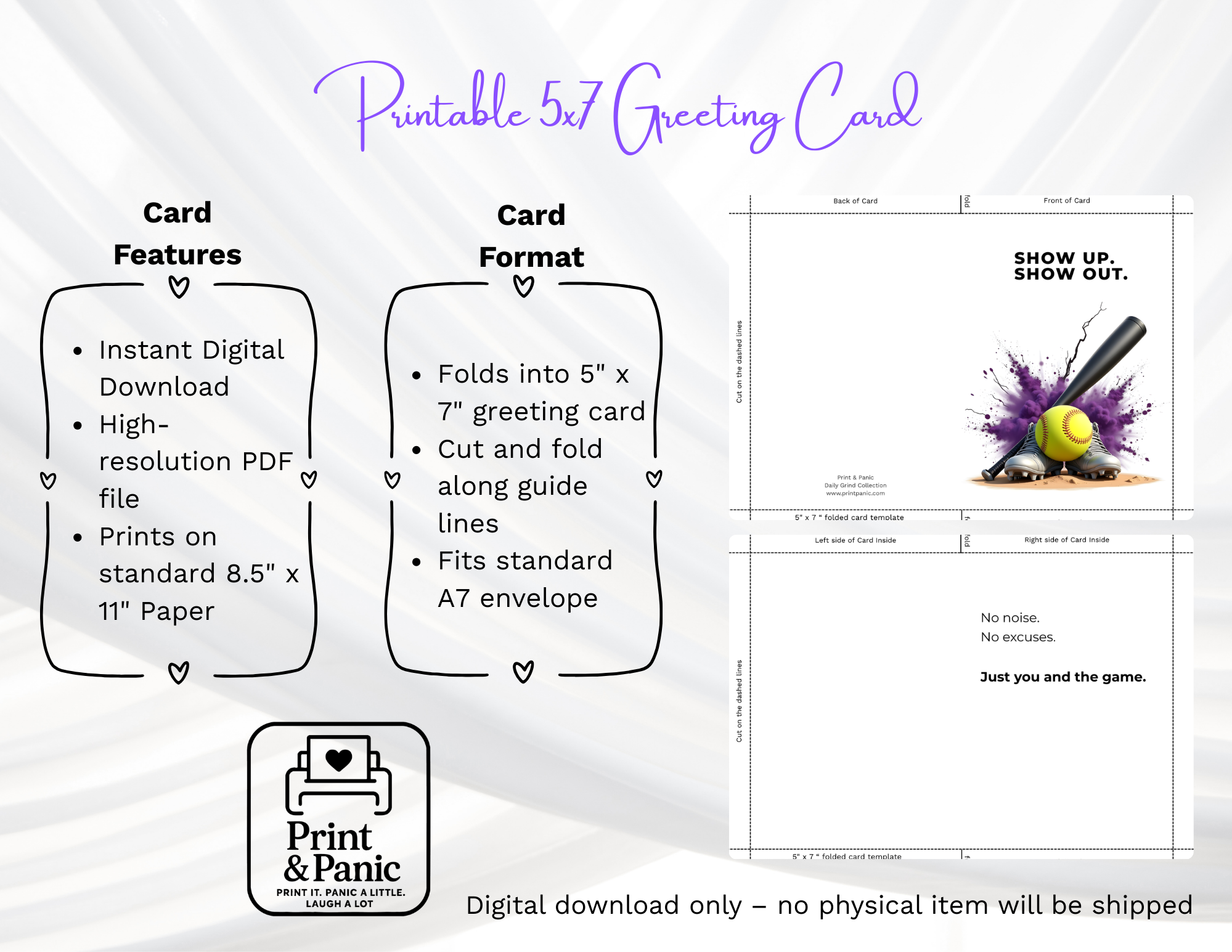 Printable softball greeting card instant download features and format