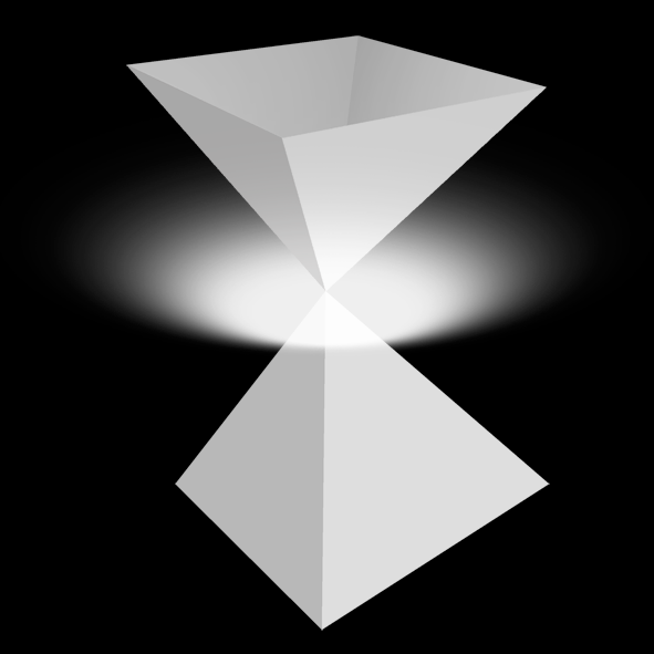 Octaèdre décomposé en deux pyramides: à la jonction des deux pointes, à l'endroit précis où les diagonales se croisent, il y a une connexion avec la lumière. (point de jonction entre la matière et l'immatériel)