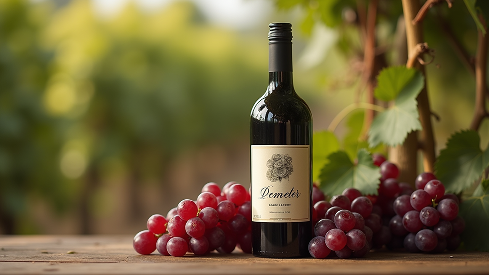 close-up view of wine bottle labeled Demeter with grapes in background