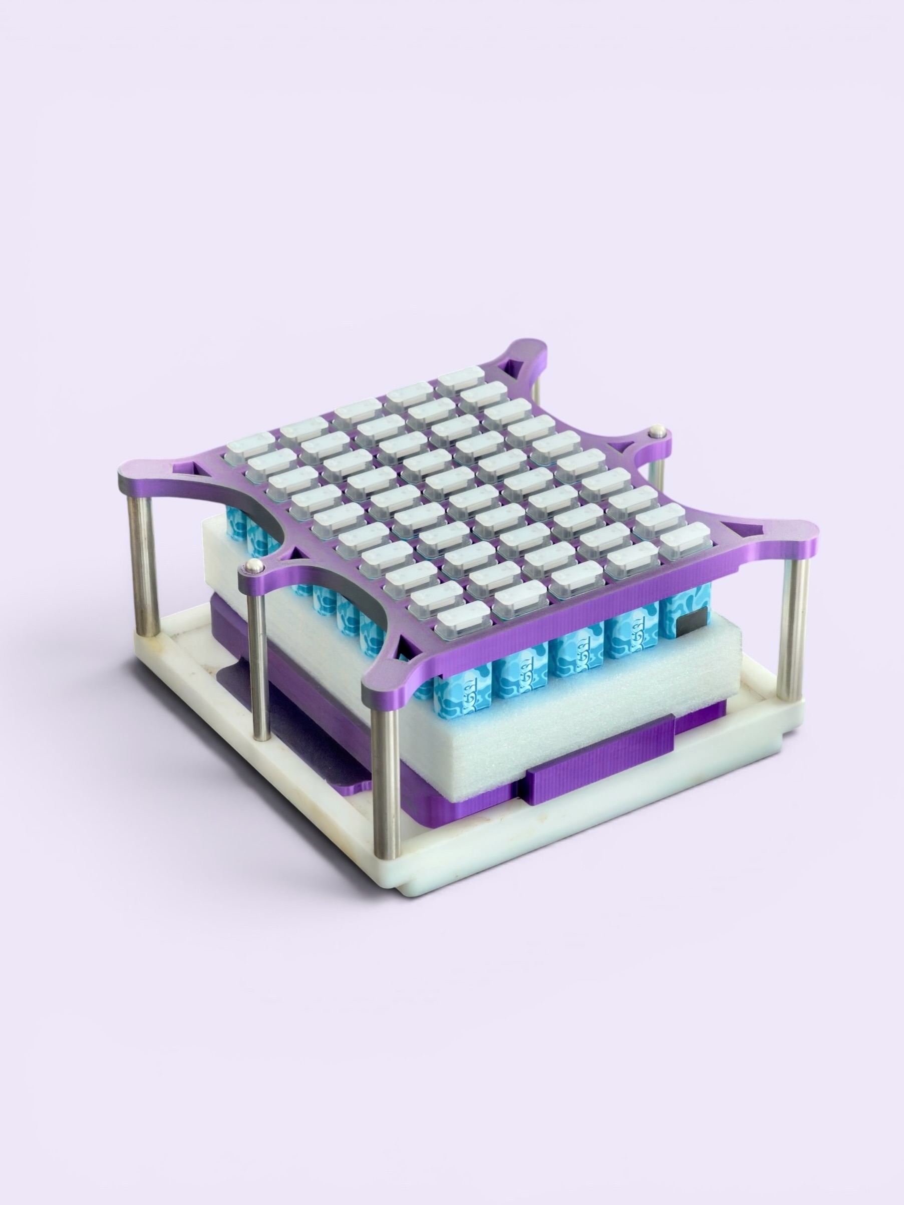 Purple alignment fixture holding a grid of small canisters