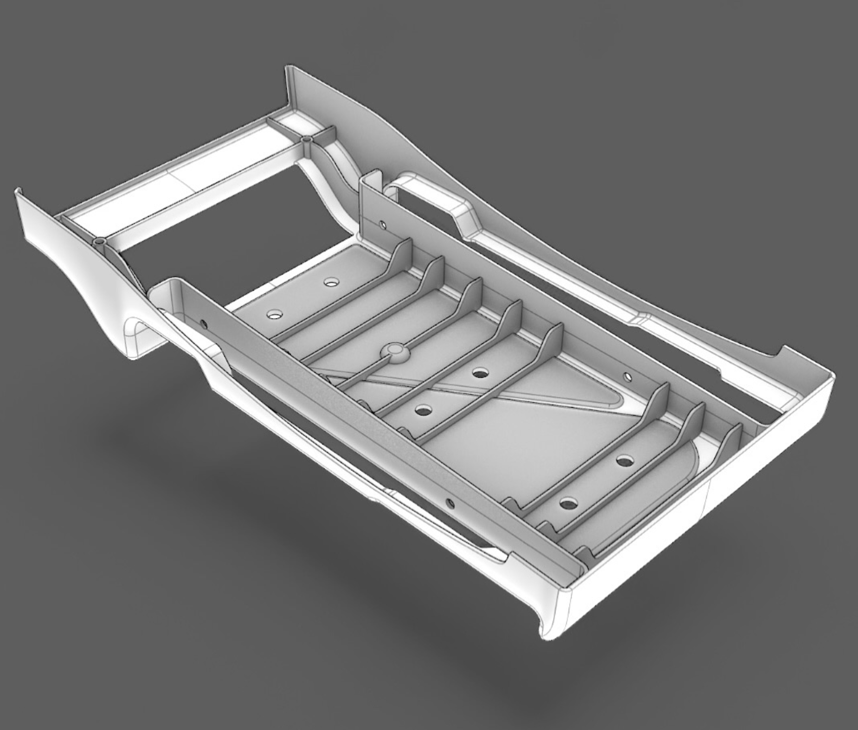 CAD model of a rectangular housing with internal ribs, mounting holes and raised side walls