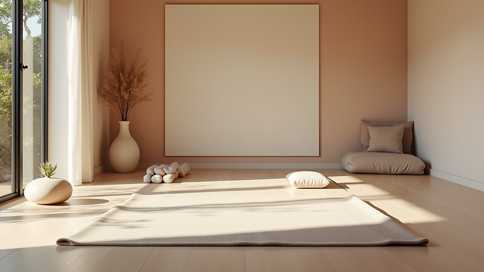 Eye-level view of a serene yoga studio with calming decor