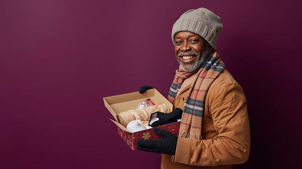 Older Black man in his 50s, wearing warm winter clothing — a knit hat, ear warmers, scarf,