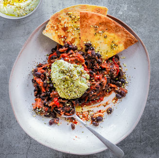 Harissa Black Bean Chilli with Zata'ar Avocado Yoghurt