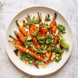 Dutch Carrots with Carrot Top, Peanut & Green Chilli Salsa