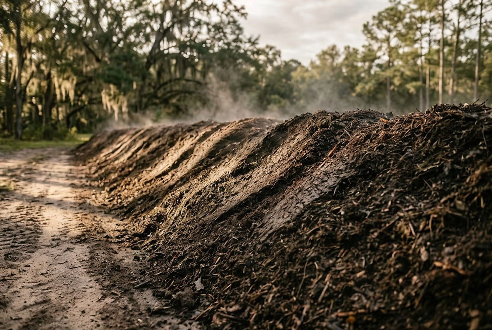 Active organic compost windrows undergoing the thermophilic heating process at Fant Farm Organics in Florida