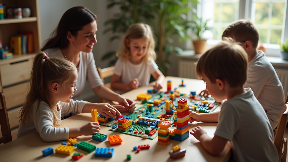 High angle view of a family building a LEGO® set together at a table