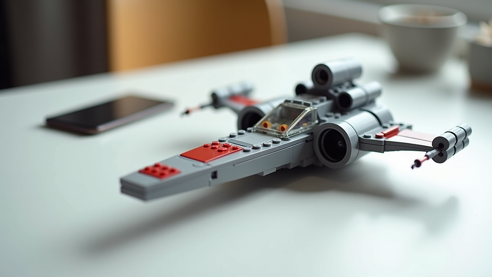 Close-up view of a LEGO spaceship model on a white table