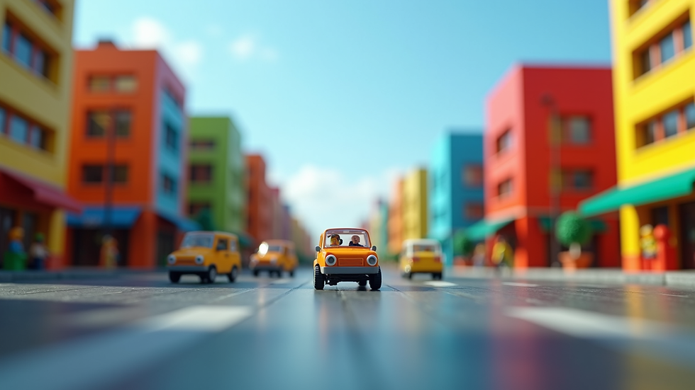 Eye-level view of a colourful LEGO® cityscape with buildings and vehicles