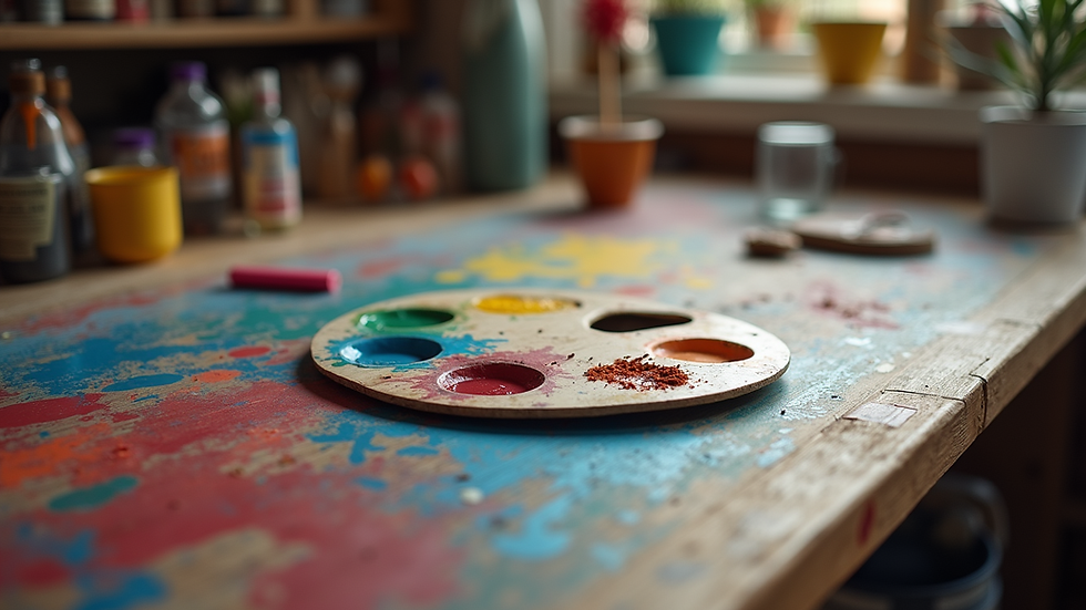 Vue en plongée d'une palette de peinture colorée sur une table d'artisanat