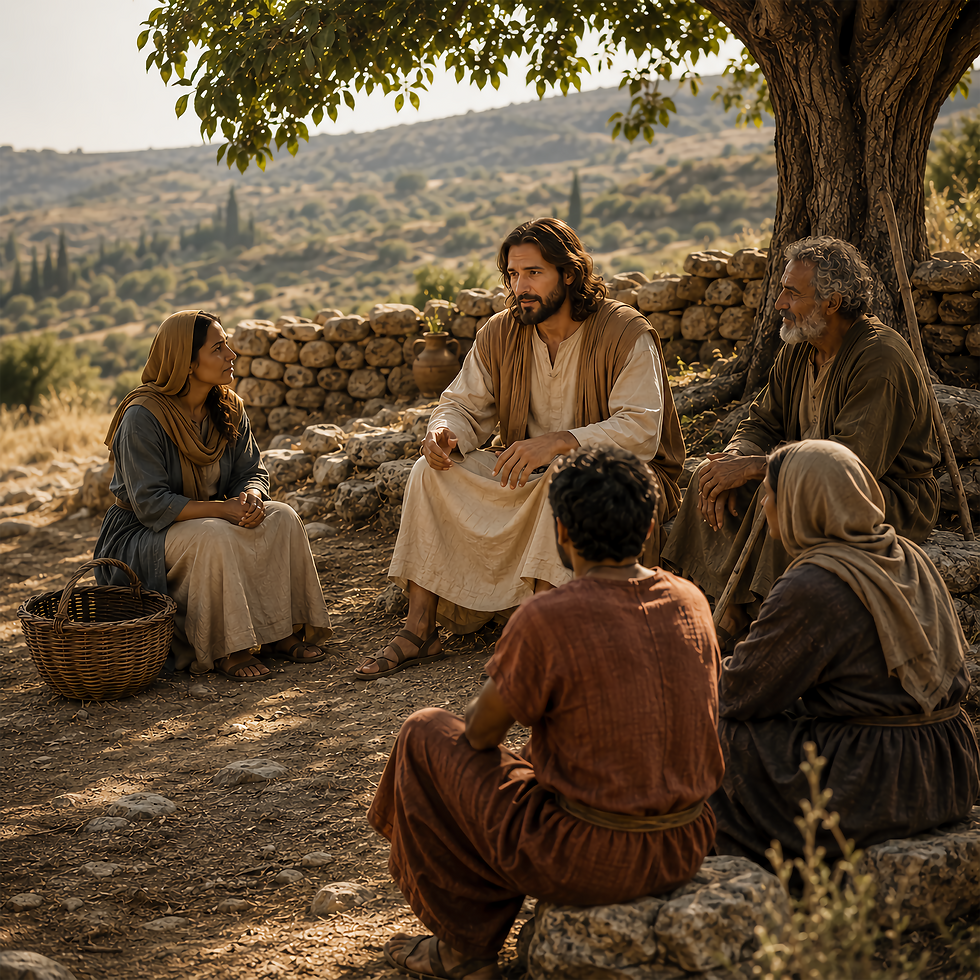 Jesus seated among weary listeners in a first-century Galilean setting, illustrating Matthew 11 and His invitation to find rest in Him.
