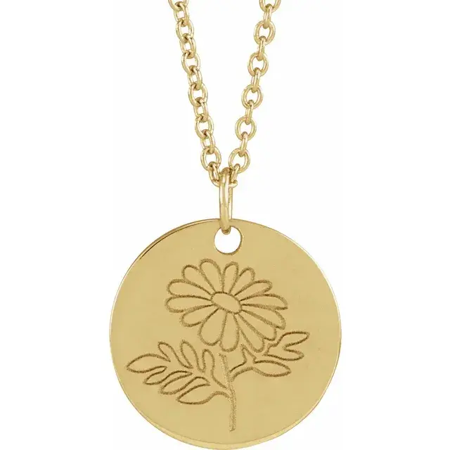 14K gold April birth flower necklace with engraved daisy pendant – cheerful custom floral jewelry