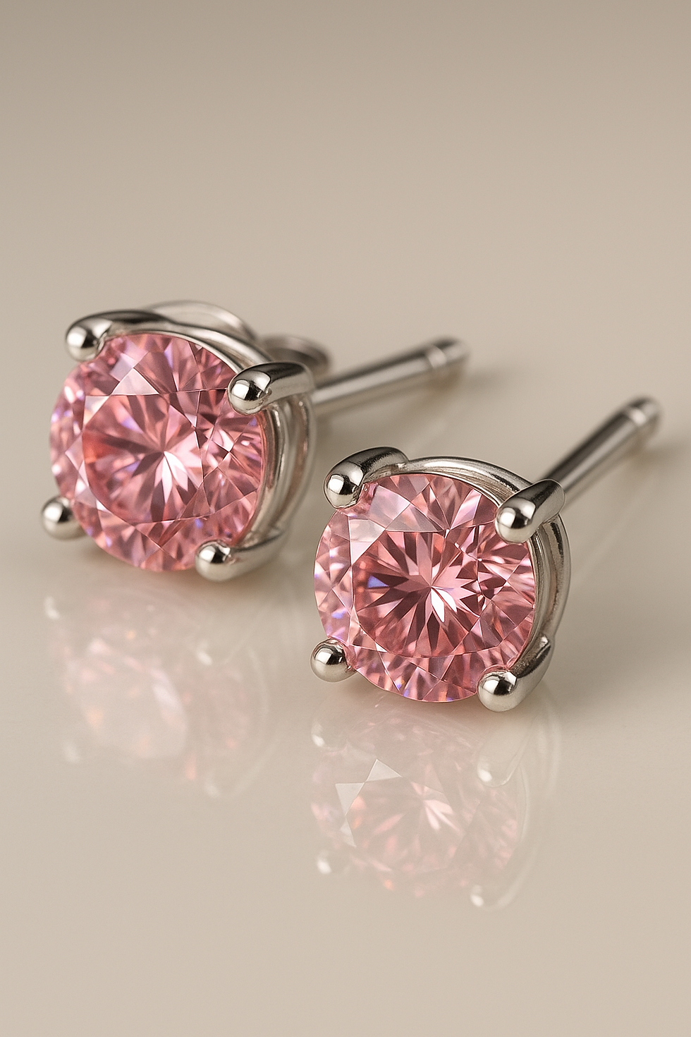 Blush-pink moissanite stud earrings in sterling silver prongs – Old Main Gem Co. Strength in Pink Collection.