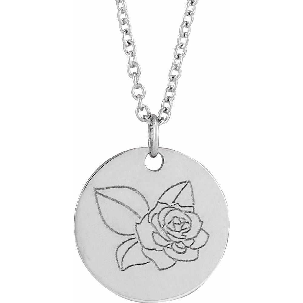 Sterling silver necklace with engraved rose birth flower pendant.