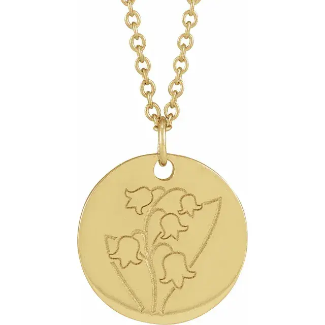14K gold May birth flower necklace with engraved lily of the valley pendant – botanical birthday jewelry
